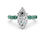 White gold Marquise Cut Diamond Side Stone Solitaire Ring with Round with Green Sapphire side stone and Four-Prong Setting