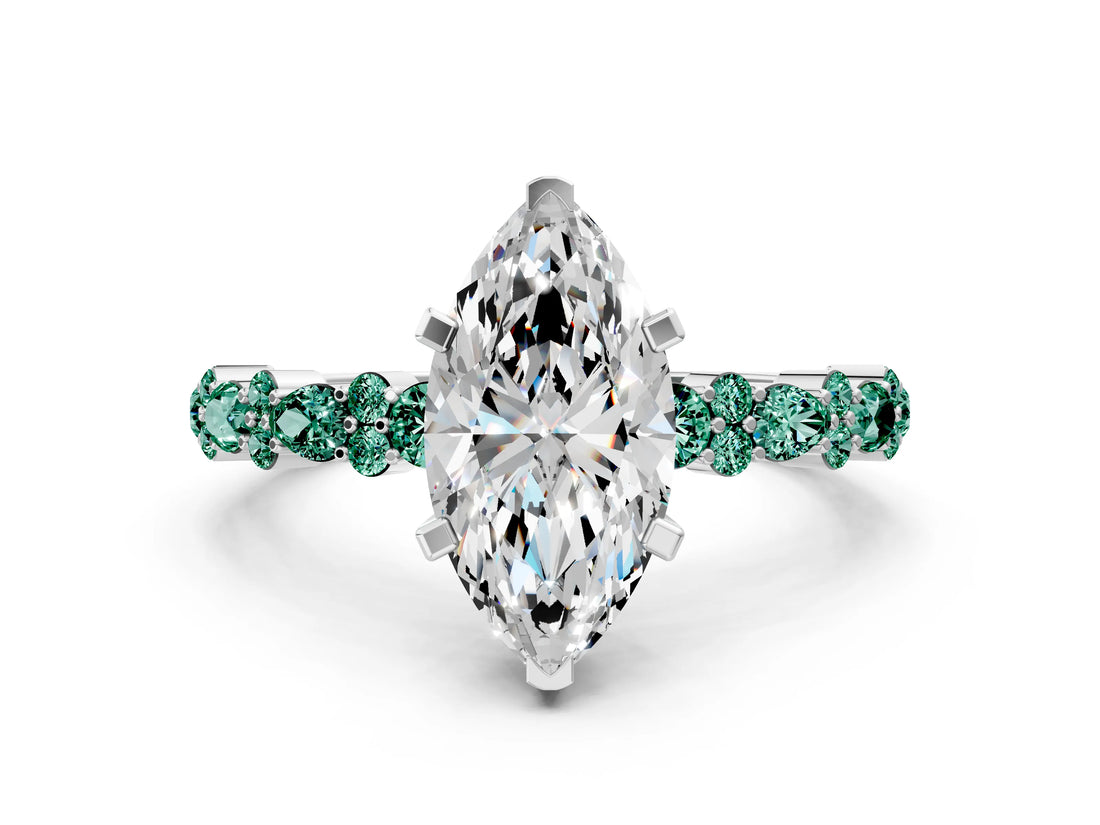 White gold Marquise Cut Diamond Side Stone Solitaire Ring with Round with Green Sapphire side stone and Four-Prong Setting_12