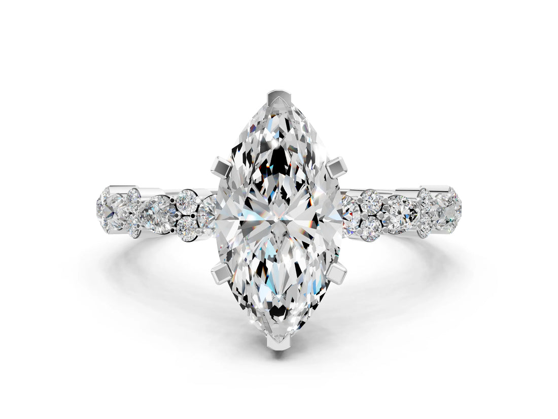 White gold Marquise Cut Diamond Side Stone Solitaire Ring with Round with Moissanite side stone and Four-Prong Setting