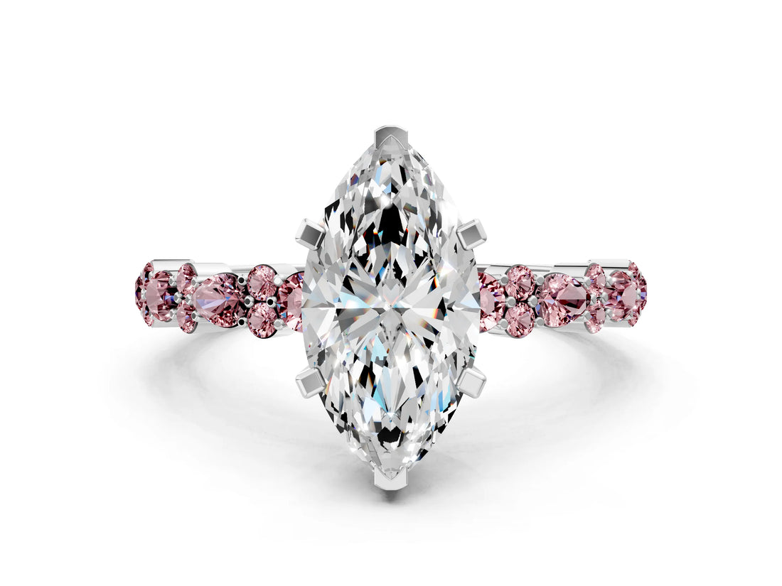 White gold Marquise Cut Diamond Side Stone Solitaire Ring with Round with Morganite side stone and Four-Prong Setting