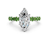 White gold Marquise Cut Diamond Side Stone Solitaire Ring with Round with Peridot side stone and Four-Prong Setting