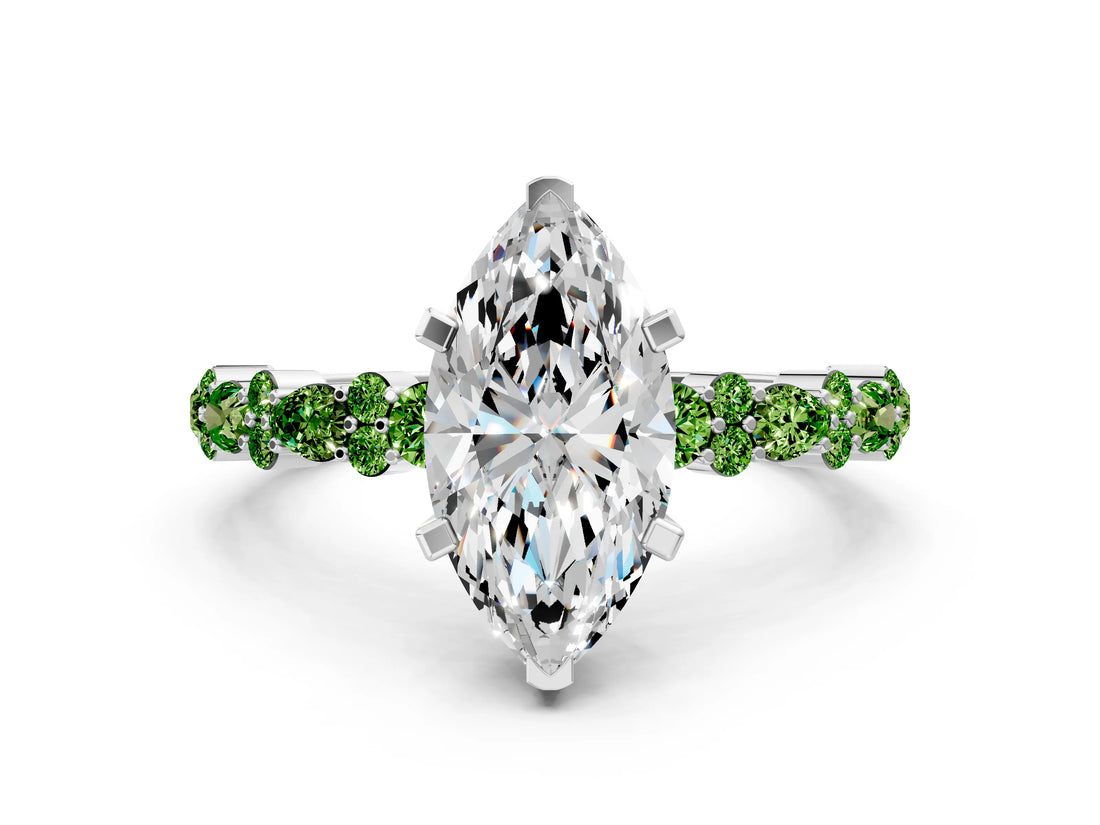 White gold Marquise Cut Diamond Side Stone Solitaire Ring with Round with Peridot side stone and Four-Prong Setting_12