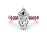 White gold Marquise Cut Diamond Side Stone Solitaire Ring with Round with Pink Sapphire side stone and Four-Prong Setting