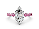 White gold Marquise Cut Diamond Side Stone Solitaire Ring with Round with Pink Sapphire side stone and Four-Prong Setting