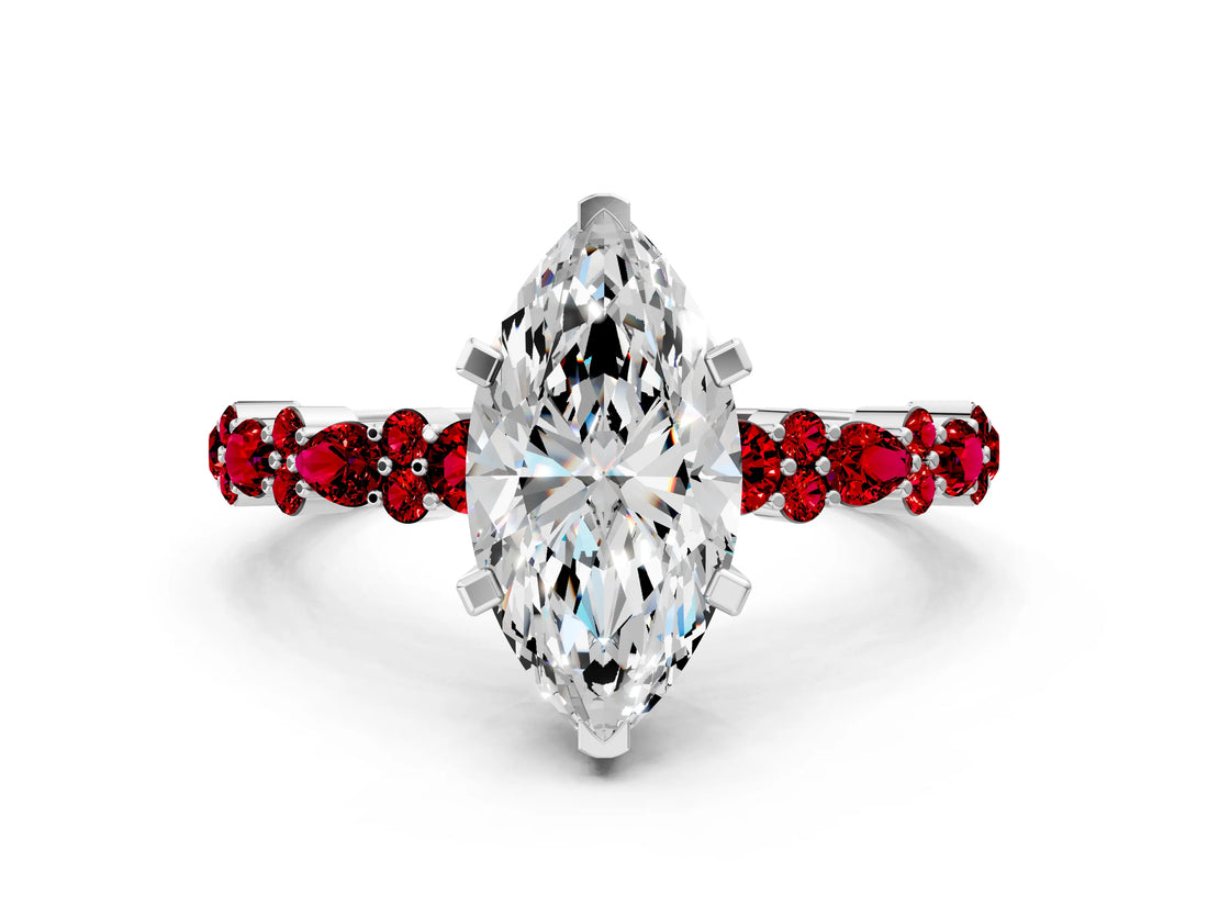White gold Marquise Cut Diamond Side Stone Solitaire Ring with Round with Ruby side stone and Four-Prong Setting