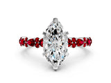 White gold Marquise Cut Diamond Side Stone Solitaire Ring with Round with Ruby side stone and Four-Prong Setting