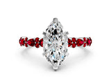 White gold Marquise Cut Diamond Side Stone Solitaire Ring with Round with Ruby side stone and Four-Prong Setting