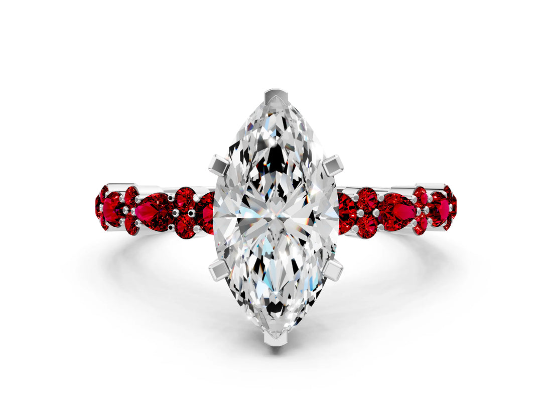 White gold Marquise Cut Diamond Side Stone Solitaire Ring with Round with Ruby side stone and Four-Prong Setting_12
