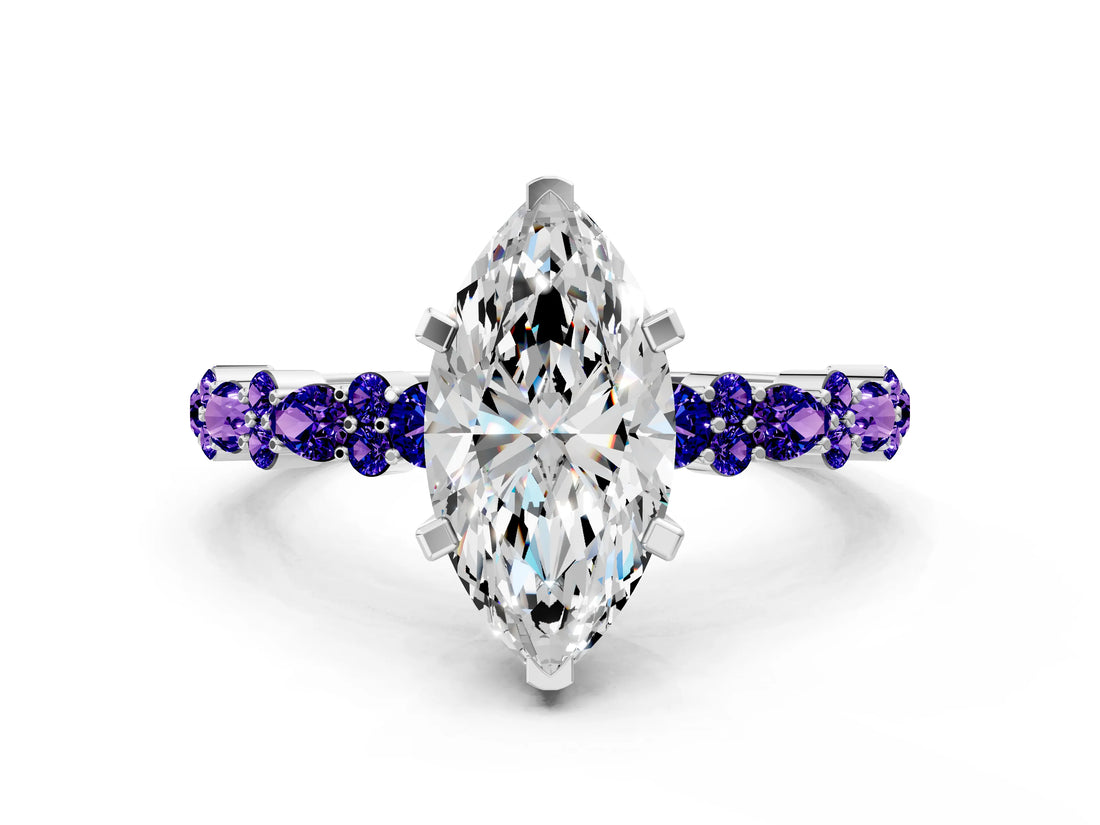 White gold Marquise Cut Diamond Side Stone Solitaire Ring with Round with Tanzanite side stone and Four-Prong Setting