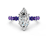 White gold Marquise Cut Diamond Side Stone Solitaire Ring with Round with Tanzanite side stone and Four-Prong Setting