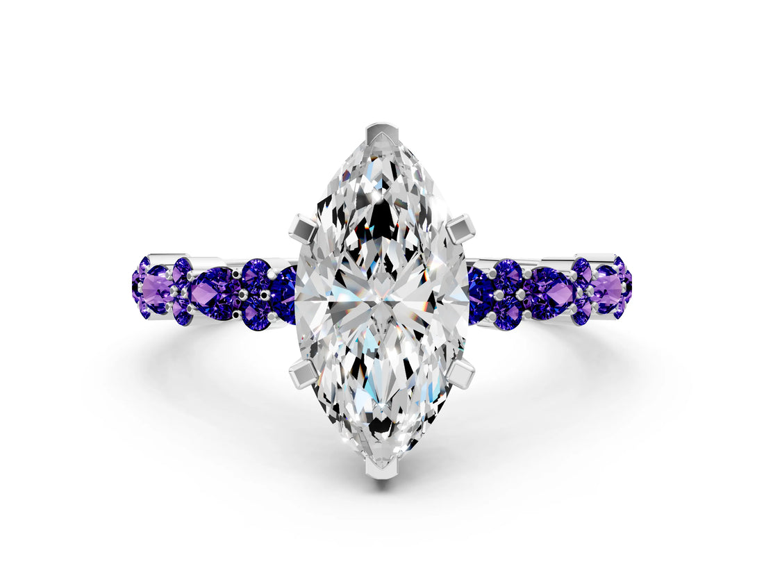 White gold Marquise Cut Diamond Side Stone Solitaire Ring with Round with Tanzanite side stone and Four-Prong Setting_6