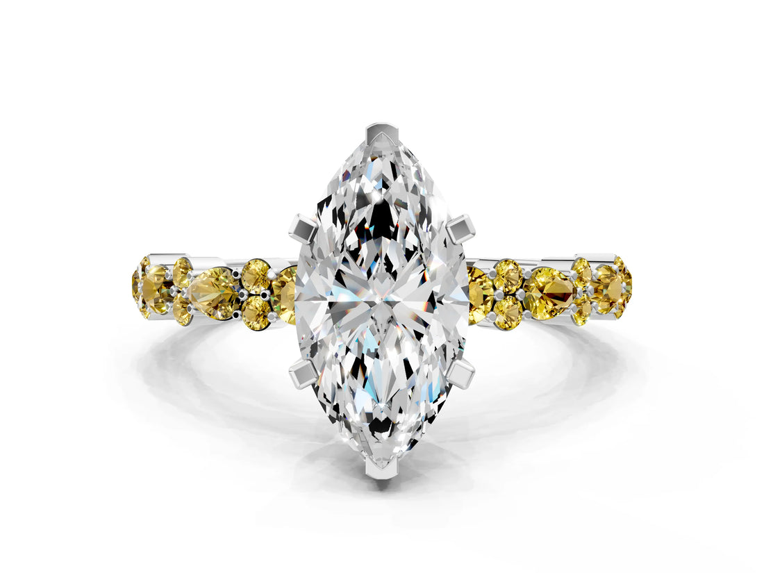 White gold Marquise Cut Diamond Side Stone Solitaire Ring with Round with Yellow Sapphire side stone and Four-Prong Setting