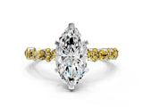 White gold Marquise Cut Diamond Side Stone Solitaire Ring with Round with Yellow Sapphire side stone and Four-Prong Setting