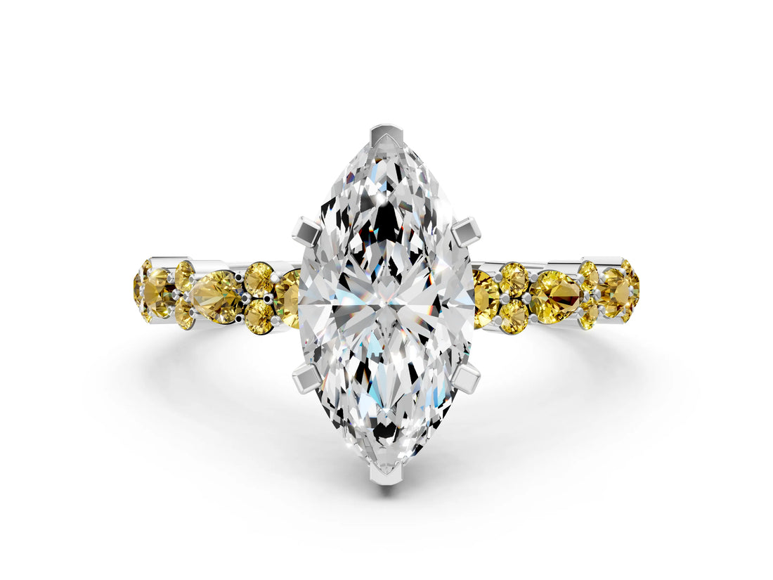 White gold Marquise Cut Diamond Side Stone Solitaire Ring with Round with Yellow Sapphire side stone and Four-Prong Setting