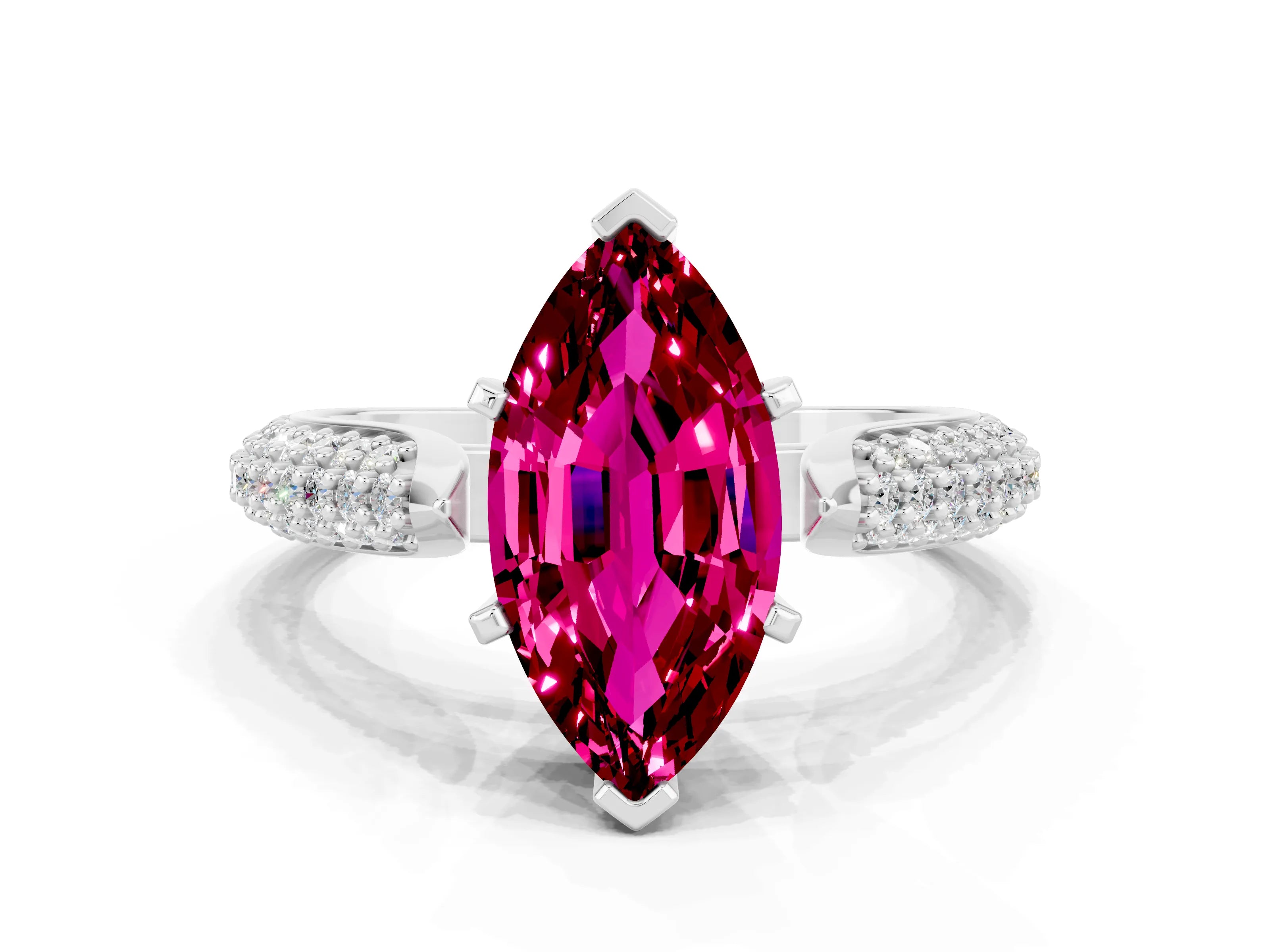 White gold Marquise Cut Diamond Solitaire Engagement Ring with Pavé Band and Four-Prong Setting