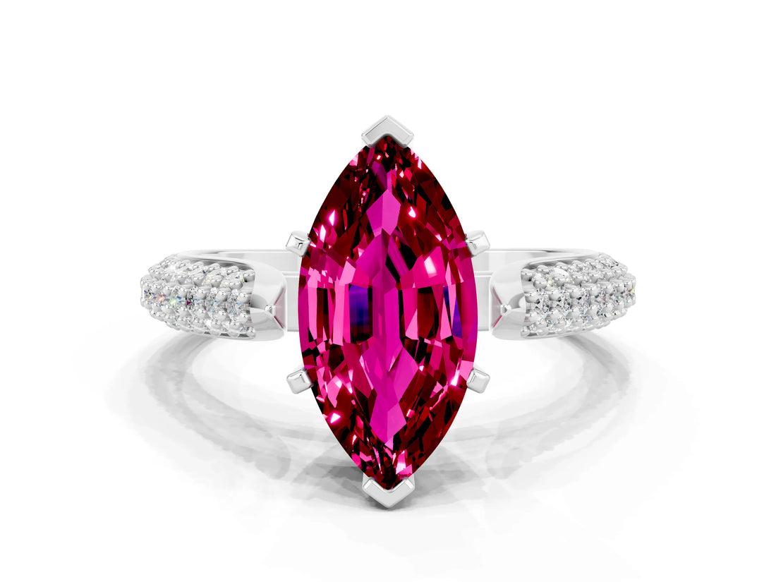 White gold Marquise Cut Diamond Solitaire Engagement Ring with Pavé Band and Four-Prong Setting