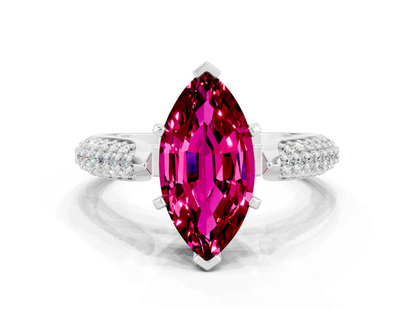 White gold Marquise Cut Garnet Solitaire Engagement Ring with Multi-Row Round Pavé Band and Prong Setting