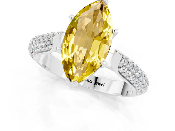 Platinum Marquise Cut Yellow Sapphire Solitaire Engagement Ring with Multi-Row Round Pavé Band and Prong Setting