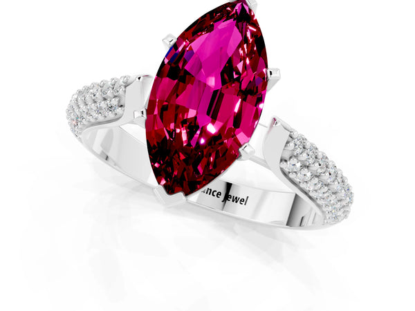 Silver Marquise Cut Garnet Solitaire Engagement Ring with Multi-Row Round Pavé Band and Prong Setting