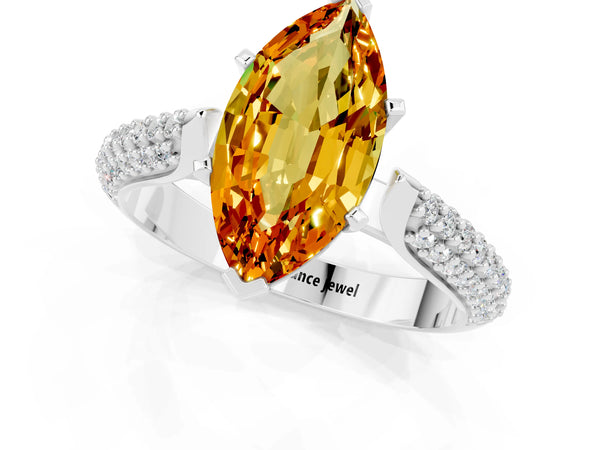 White gold Marquise Cut Citrine Solitaire Engagement Ring with Multi-Row Round Pavé Band and Prong Setting