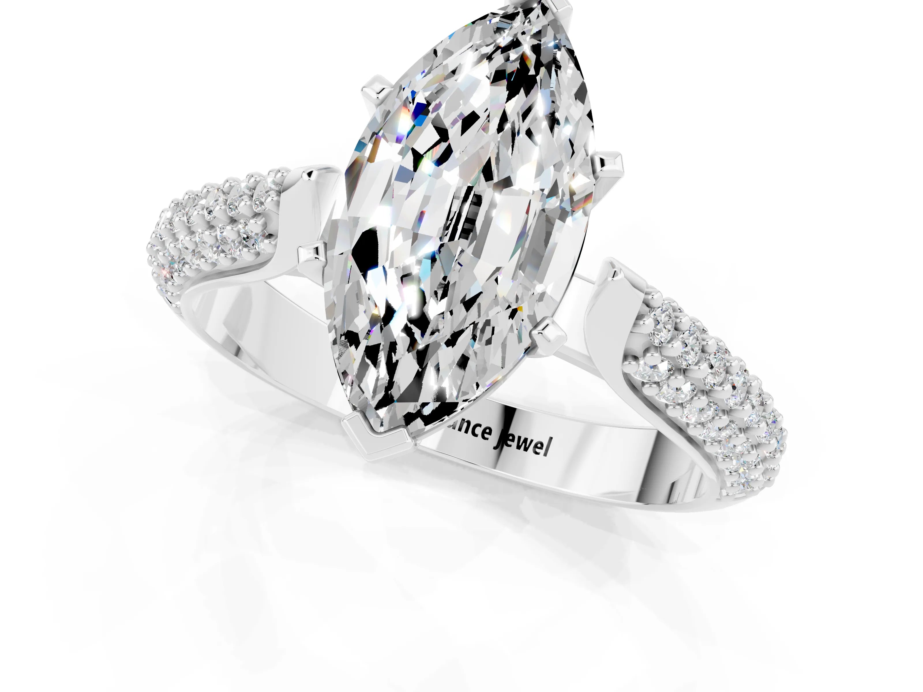 White gold Marquise Cut Diamond Solitaire Engagement Ring with Pavé Band and Four-Prong Setting_1