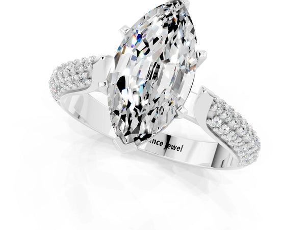 White gold Marquise Cut Moissanite Solitaire Engagement Ring with Multi-Row Round Pavé Band and Prong Setting