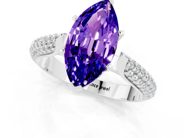 White gold Marquise Cut Tanzanite Solitaire Engagement Ring with Multi-Row Round Pavé Band and Prong Setting