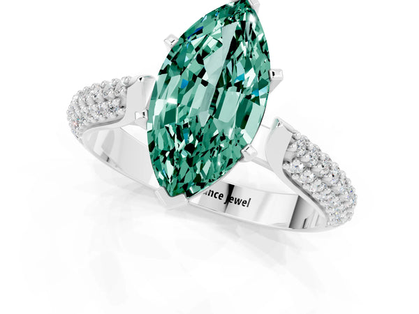 Platinum Marquise Cut Green Sapphire Solitaire Engagement Ring with Multi-Row Round Pavé Band and Prong Setting
