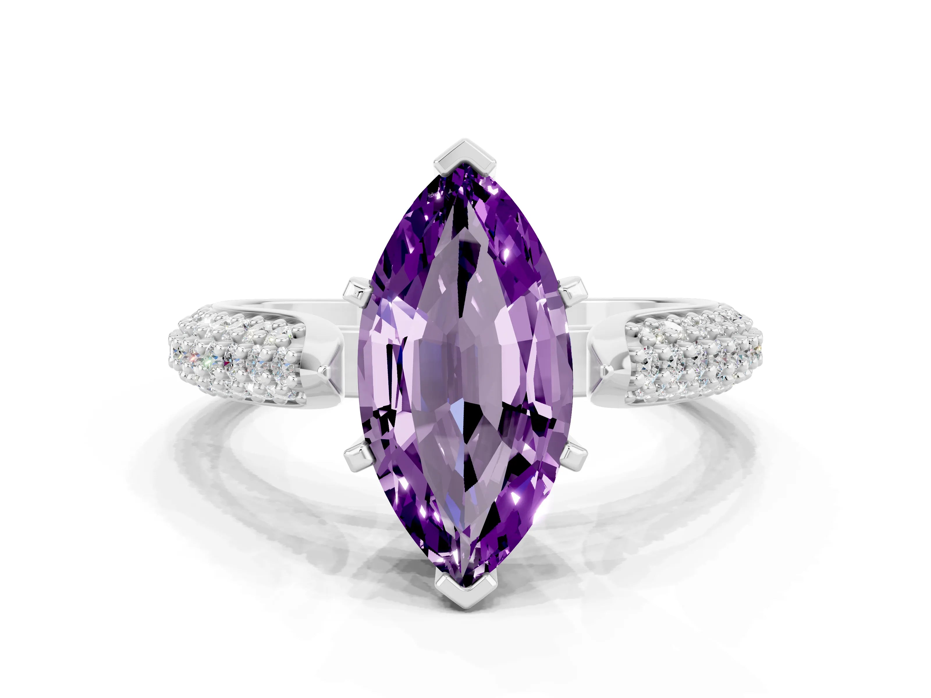 White gold Marquise Cut Diamond Solitaire Engagement Ring with Pavé Band and Four-Prong Setting
