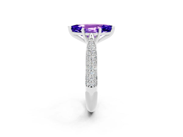 White gold Marquise Cut Tanzanite Solitaire Engagement Ring with Multi-Row Round Pavé Band and Prong Setting
