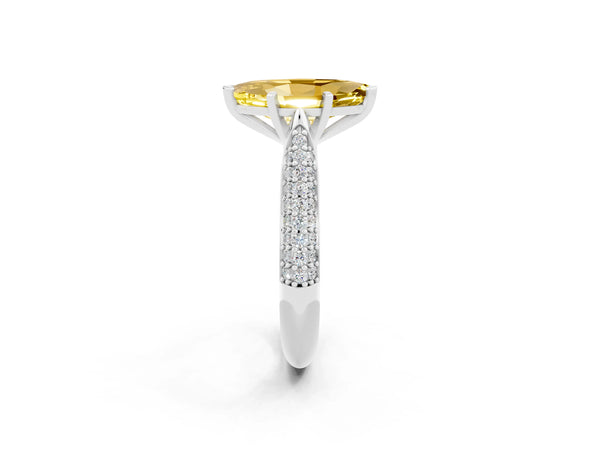 Platinum Marquise Cut Yellow Sapphire Solitaire Engagement Ring with Multi-Row Round Pavé Band and Prong Setting