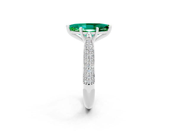 Platinum Marquise Cut Emerald Solitaire Engagement Ring with Multi-Row Round Pavé Band and Prong Setting