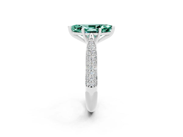 Silver Marquise Cut Green Sapphire Solitaire Engagement Ring with Multi-Row Round Pavé Band and Prong Setting