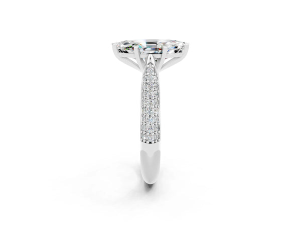 White gold Marquise Cut Moissanite Solitaire Engagement Ring with Multi-Row Round Pavé Band and Prong Setting