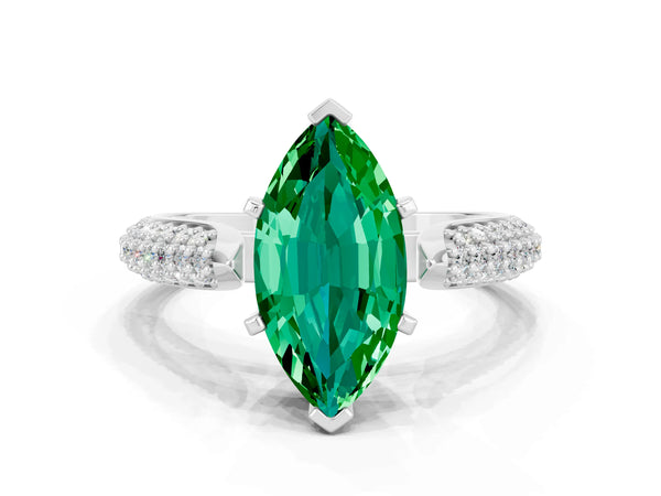 Silver Marquise Cut Emerald Solitaire Engagement Ring with Multi-Row Round Pavé Band and Prong Setting