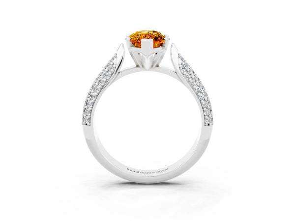 Platinum Marquise Cut Citrine Solitaire Engagement Ring with Multi-Row Round Pavé Band and Prong Setting
