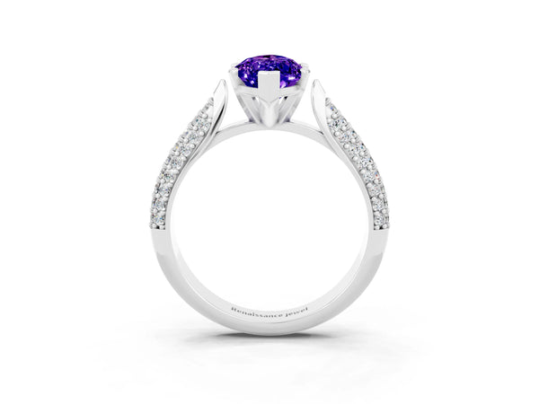 White gold Marquise Cut Tanzanite Solitaire Engagement Ring with Multi-Row Round Pavé Band and Prong Setting