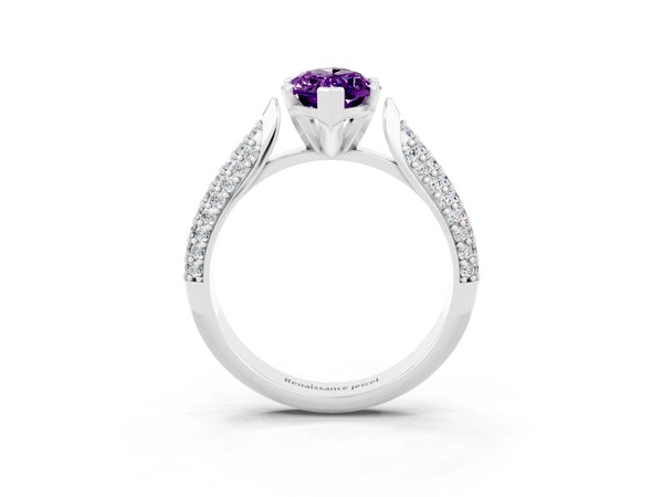 Platinum Marquise Cut Amethyst Solitaire Engagement Ring with Multi-Row Round Pavé Band and Prong Setting