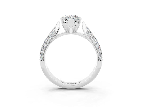 White gold Marquise Cut Moissanite Solitaire Engagement Ring with Multi-Row Round Pavé Band and Prong Setting