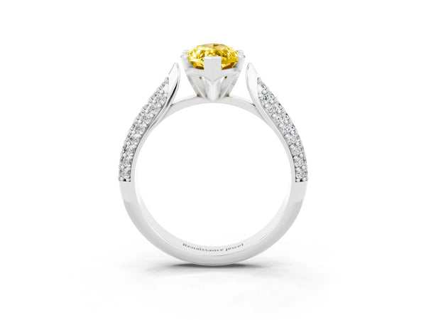 Platinum Marquise Cut Yellow Sapphire Solitaire Engagement Ring with Multi-Row Round Pavé Band and Prong Setting