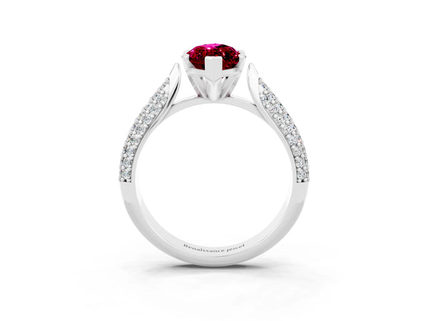 Silver Marquise Cut Garnet Solitaire Engagement Ring with Multi-Row Round Pavé Band and Prong Setting