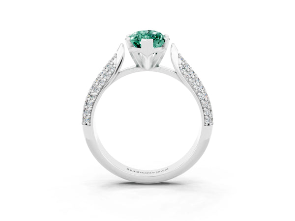 Platinum Marquise Cut Green Sapphire Solitaire Engagement Ring with Multi-Row Round Pavé Band and Prong Setting