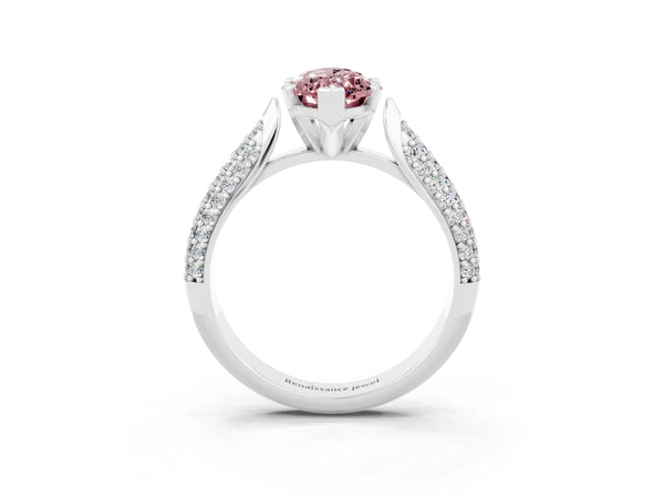 Silver Marquise Cut Diamond Solitaire Engagement Ring with Pavé Band and Four-Prong Setting