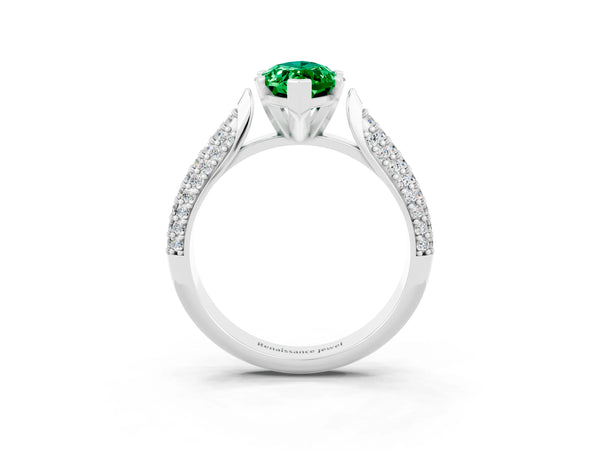 Platinum Marquise Cut Emerald Solitaire Engagement Ring with Multi-Row Round Pavé Band and Prong Setting