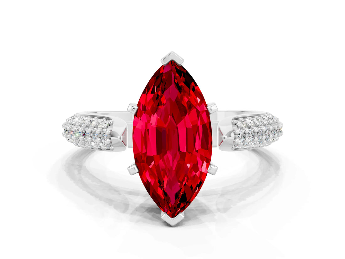 White gold Marquise Cut Diamond Solitaire Engagement Ring with Pavé Band and Four-Prong Setting