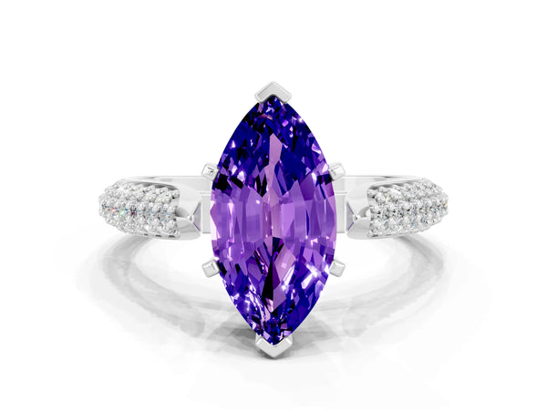 White gold Marquise Cut Tanzanite Solitaire Engagement Ring with Multi-Row Round Pavé Band and Prong Setting
