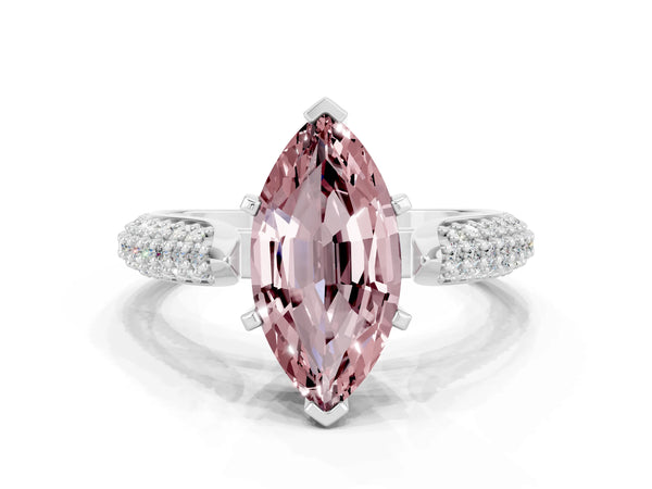 Silver Marquise Cut Diamond Solitaire Engagement Ring with Pavé Band and Four-Prong Setting