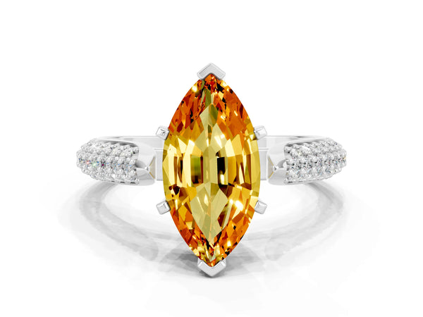 Silver Marquise Cut Citrine Solitaire Engagement Ring with Multi-Row Round Pavé Band and Prong Setting