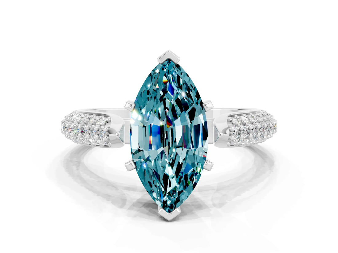 White gold Marquise Cut Diamond Solitaire Engagement Ring with Pavé Band and Four-Prong Setting