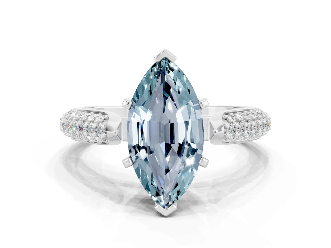 White gold Marquise Cut Diamond Solitaire Engagement Ring with Pavé Band and Four-Prong Setting